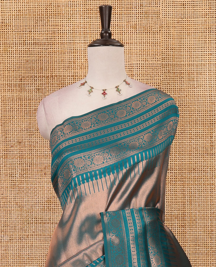 Ramar green kanchi tissue jacquard saree, traditional zari temple border, zari woven jaal pallu & contrast small buttas blouse