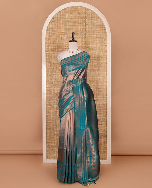Ramar green kanchi tissue jacquard saree, traditional zari temple border, zari woven jaal pallu & contrast small buttas blouse