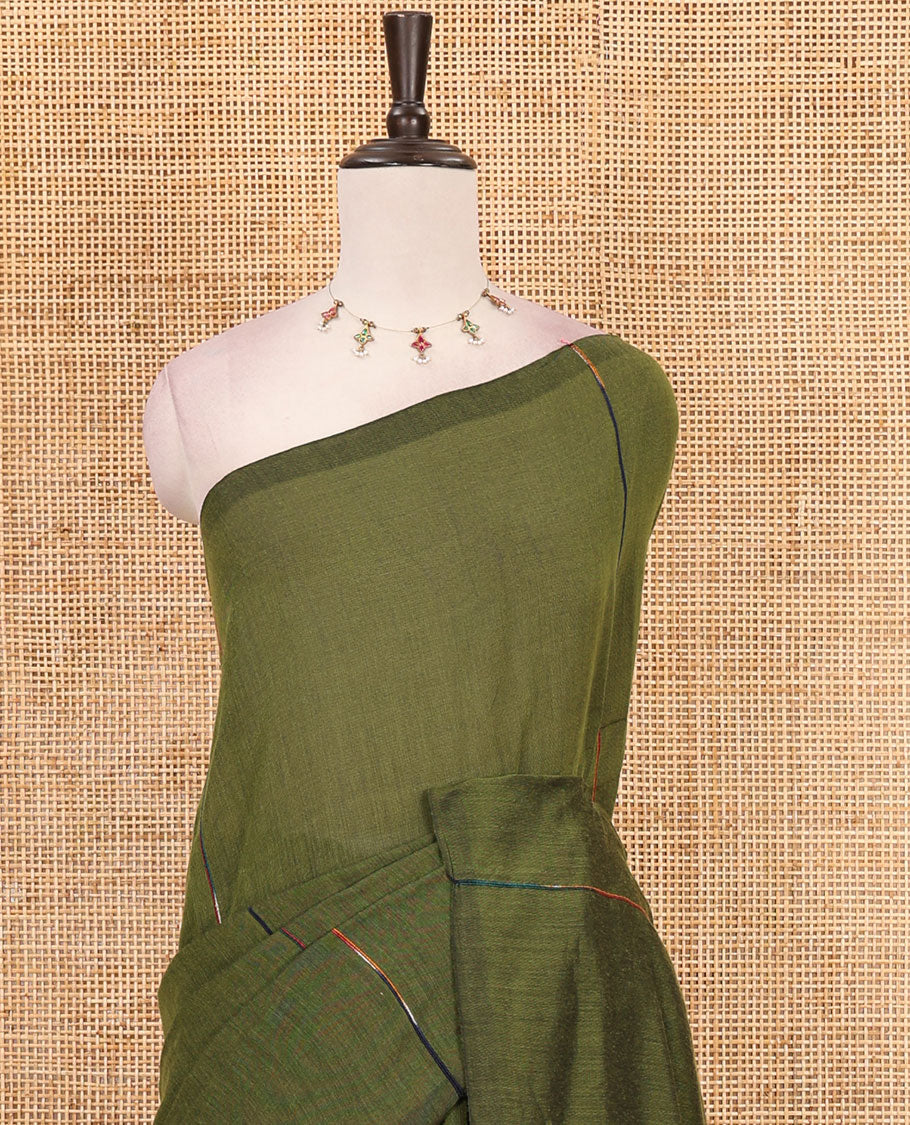 Borderless Olive green vertical multi-color thread striped khadi jute linen saree, striped pallu & matching plain blouse
