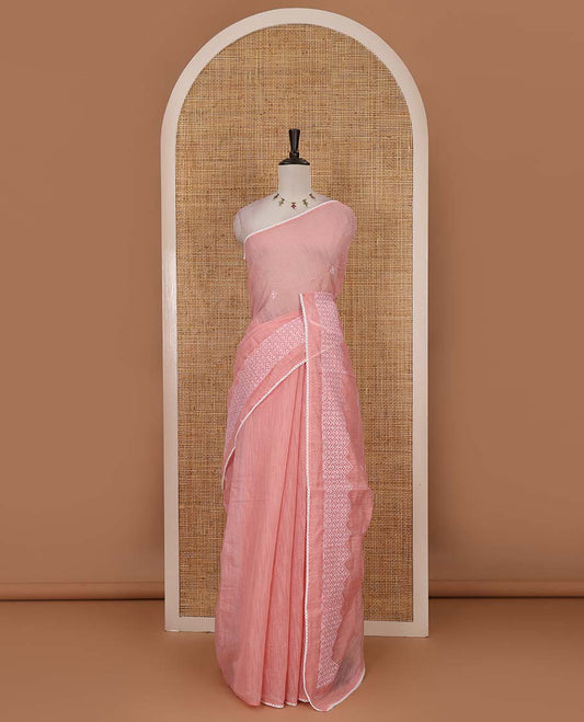 Pink diamond patterns white resham thread embroidered mercerised cotton saree, lace border, and matching plain blouse