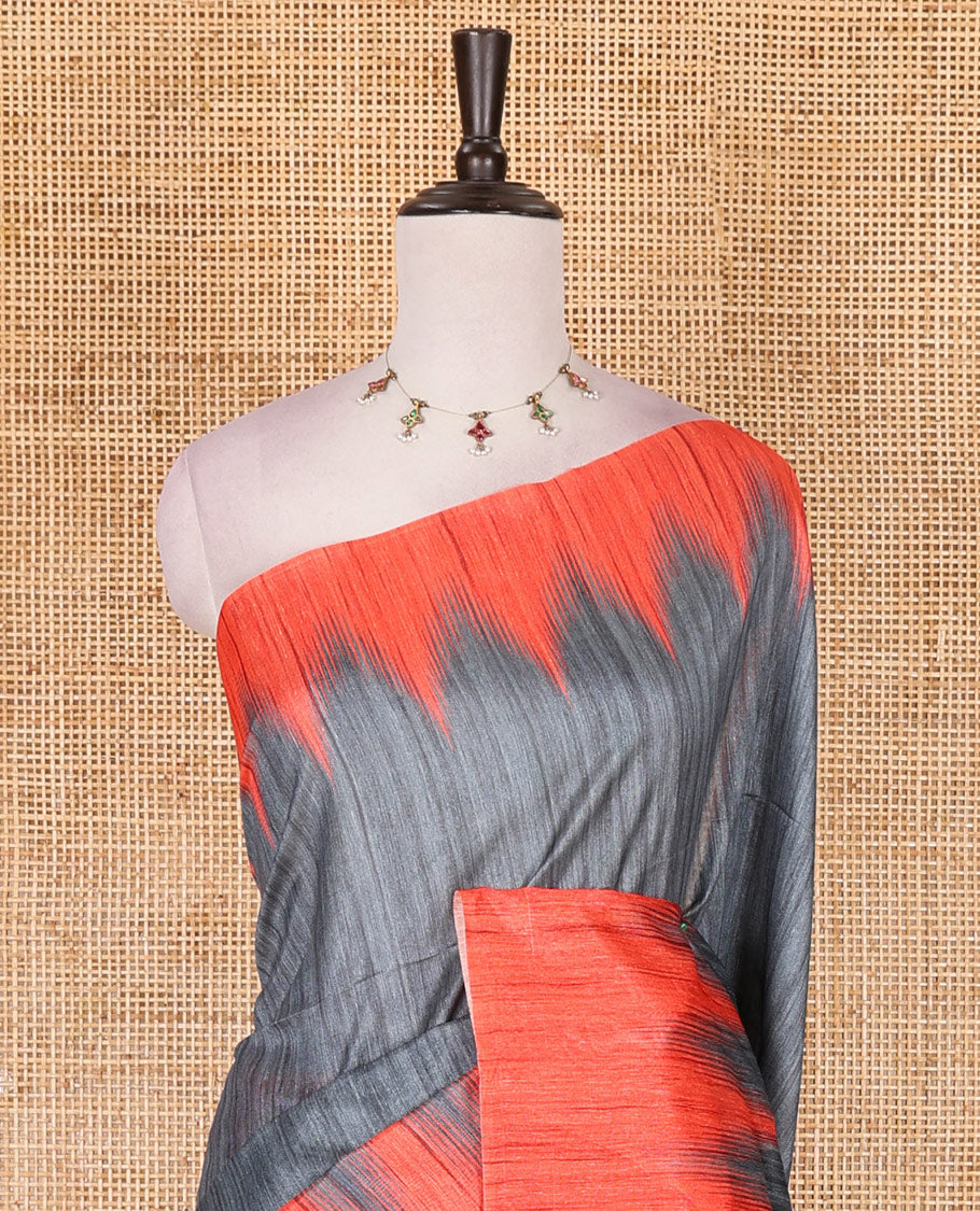 Grey full plain katan silk saree, contrast temple border, odisha style printed pallu, and contrast plain blouse