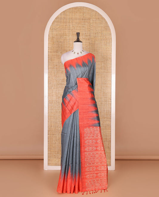 Grey full plain katan silk saree, contrast temple border, odisha style printed pallu, and contrast plain blouse