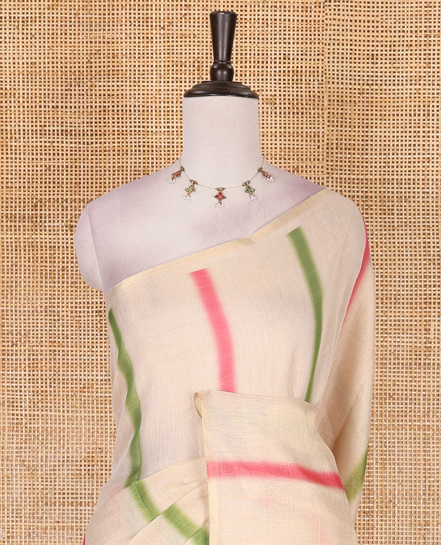 Borderless cream, colorful striped tissue saree, unique motifs printed pink color blouse