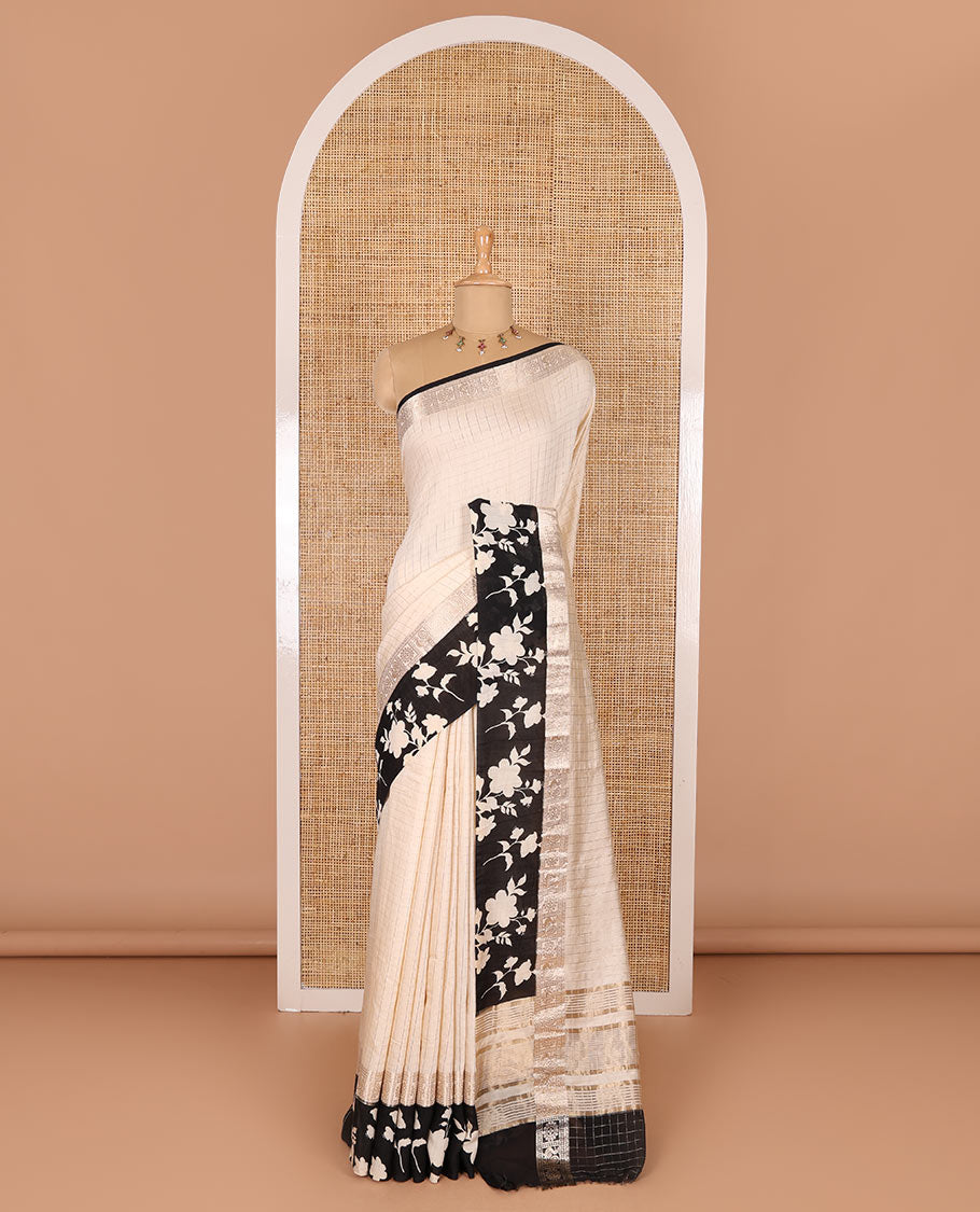 Cream gold zari checked Assam cotton saree, contrast zari border of floral vine print, zari striped pallu, and a matching blouse