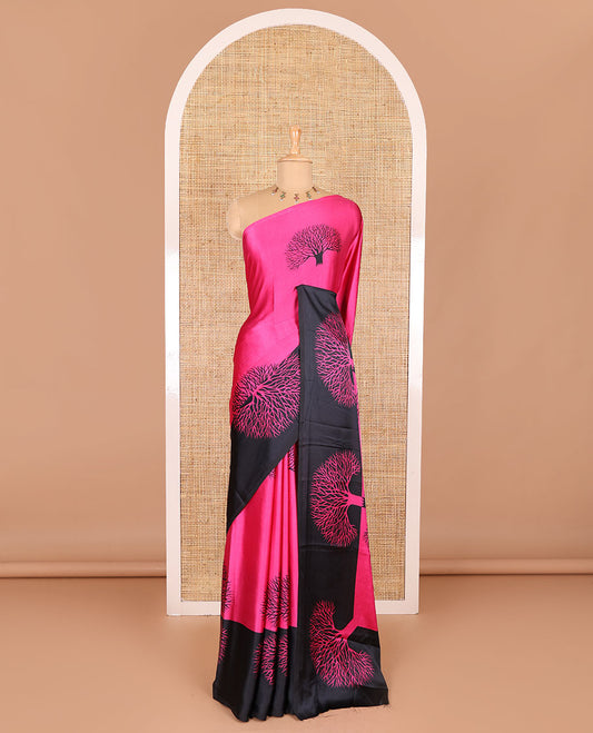 Rani pink tree motifs digitally printed Gajji silk saree with contrast printed border of upside down tree motifs, and contrast printed blouse