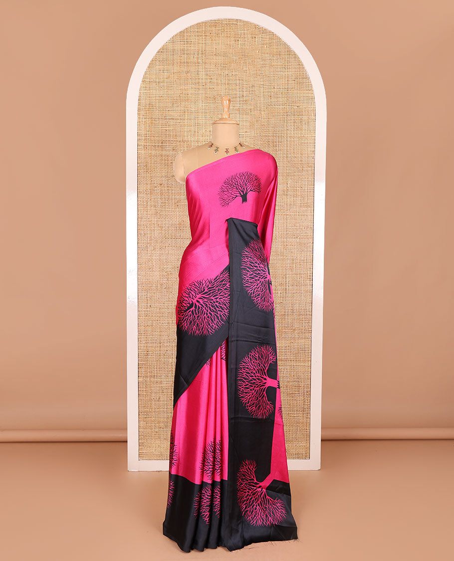 Rani pink tree motifs digitally printed Gajji silk saree with contrast printed border of upside down tree motifs, and contrast printed blouse