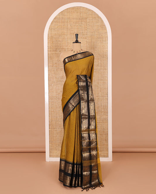 Gold plain chettinad cotton saree, contrast traditional zari temple rettai pettu border, striped pallu, and a matching blouse