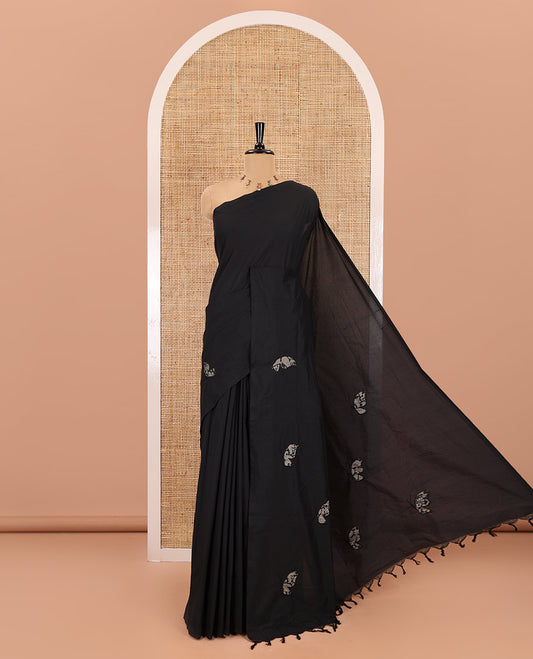 Borderless black butterfly motifs patch embroidered South cotton saree, butterfly motifs embroidered pallu, and a contrast block printed blouse