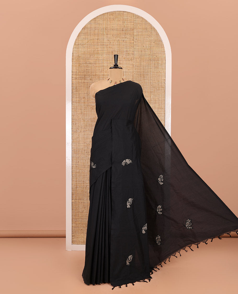 Borderless black butterfly motifs patch embroidered South cotton saree, butterfly motifs embroidered pallu, and a contrast block printed blouse