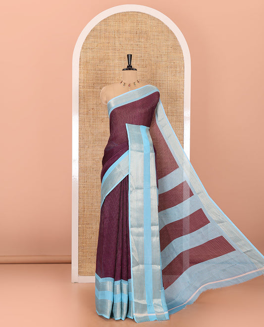 Dark violet checked moss chiffon saree with contrast traditional zari design border, checked pallu, and a contrast zari design blouse