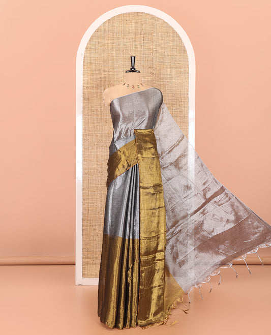 Silver and gold half-and-half plain khadi tissue saree with a self-pallu and a matching blouse