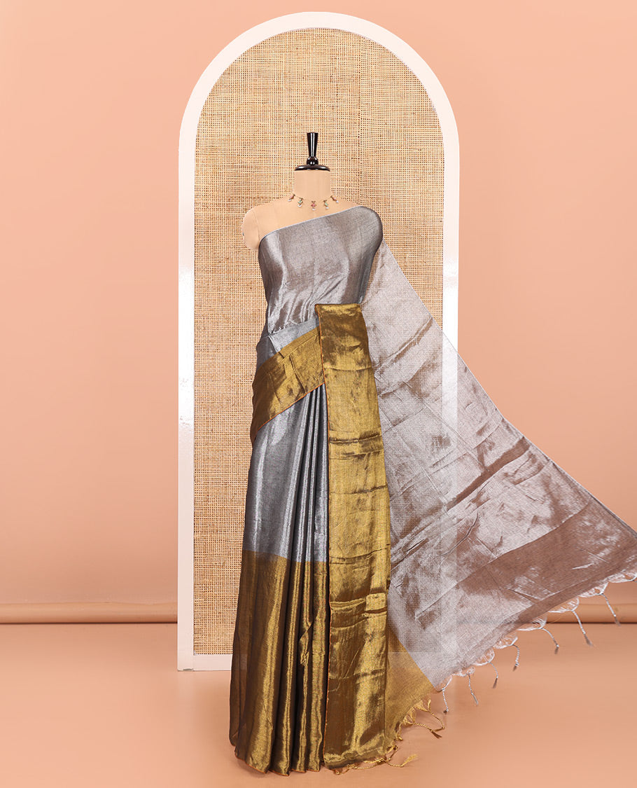 Silver and gold half-and-half plain khadi tissue saree with a self-pallu and a matching blouse