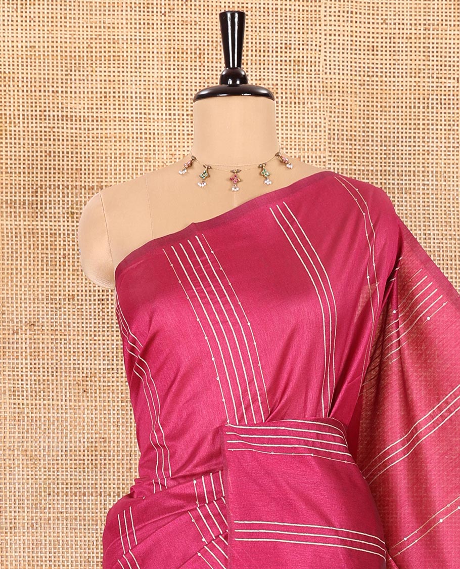 Borderless Rani Pink Semi-Raw Silk Saree Featuring Elegant Vertical Sequin Stripes Running Across the Body, Complemented by a Contrast Thread-Work Pallu and Paired with a Contrast Blouse