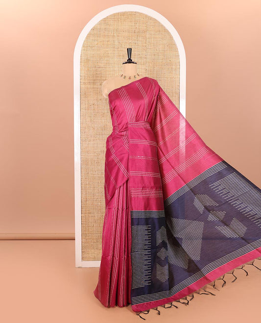 Borderless Rani Pink Semi-Raw Silk Saree Featuring Elegant Vertical Sequin Stripes Running Across the Body, Complemented by a Contrast Thread-Work Pallu and Paired with a Contrast Blouse
