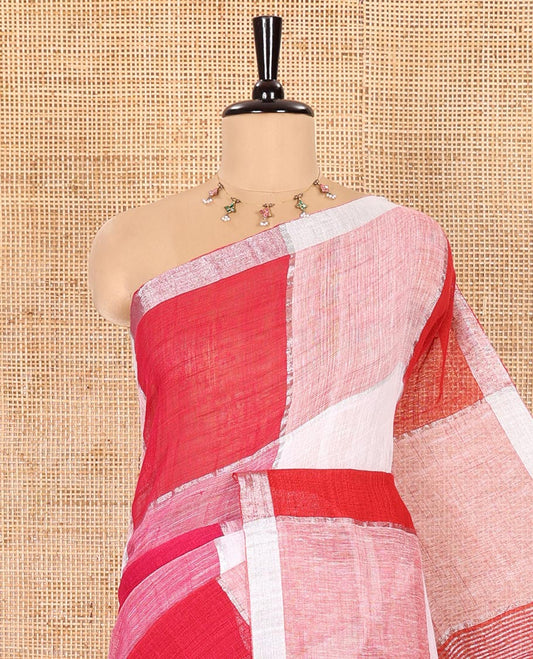 Red and Pink Zari Checked Khadi Linen Saree, Subtly Woven Silver Zari Piping Border, Pallu Steeped with Silver Zari Stripes, and Comes with a Matching Blouse