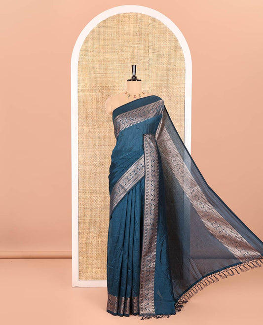 Peacock blue Plain Vichitra Silk Saree Subtly Sparked with Self-Border Featuring Traditional Designs, Plain Pallu, and Comes Without Blouse