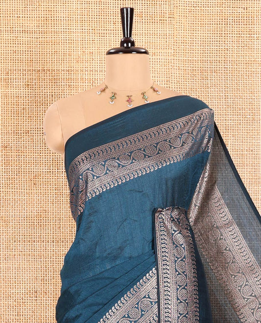 Peacock blue Plain Vichitra Silk Saree Subtly Sparked with Self-Border Featuring Traditional Designs, Plain Pallu, and Comes Without Blouse