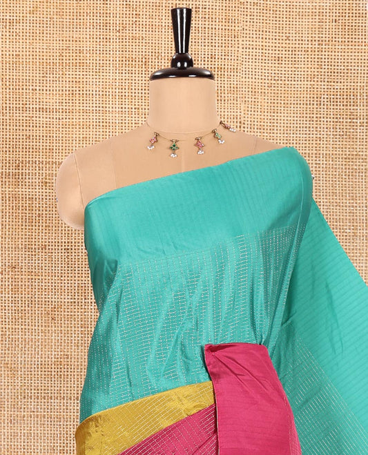 Borderless Blue, Mustard, and Red Trio-Colored Kanchi Soft Silk Saree Adorned with Micro-Checks on Its Body, Self-Pallu, and Paired with a Matching Blouse
