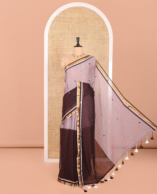 Light Brown and Dark Brown Khadi Mul Cotton Saree, Mesmerized with Double-Color Half-And-Half-Style Jamki Work, Complemented by Contrast Zari Border, and Paired with a Matching Blouse