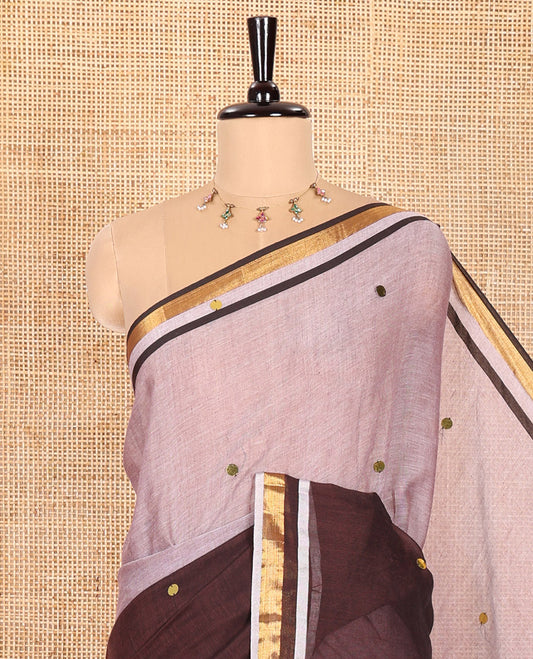 Light Brown and Dark Brown Khadi Mul Cotton Saree, Mesmerized with Double-Color Half-And-Half-Style Jamki Work, Complemented by Contrast Zari Border, and Paired with a Matching Blouse