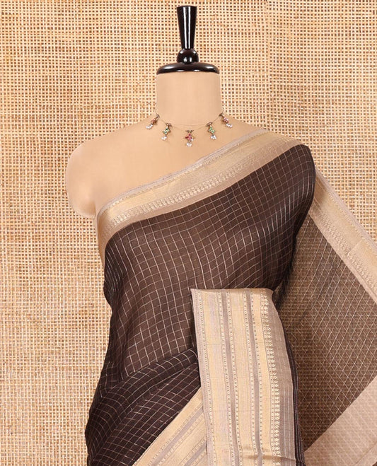 Dark Brown Moss Chiffon Saree, Bedecked with Zari Checks All Over Its Body, Complemented by a Contrast Traditional Zari Design Border, Zari Striped Pallu, and Paired with a Contrast Blouse