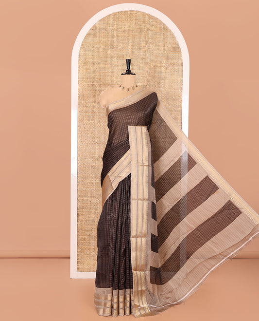 Dark Brown Moss Chiffon Saree, Bedecked with Zari Checks All Over Its Body, Complemented by a Contrast Traditional Zari Design Border, Zari Striped Pallu, and Paired with a Contrast Blouse