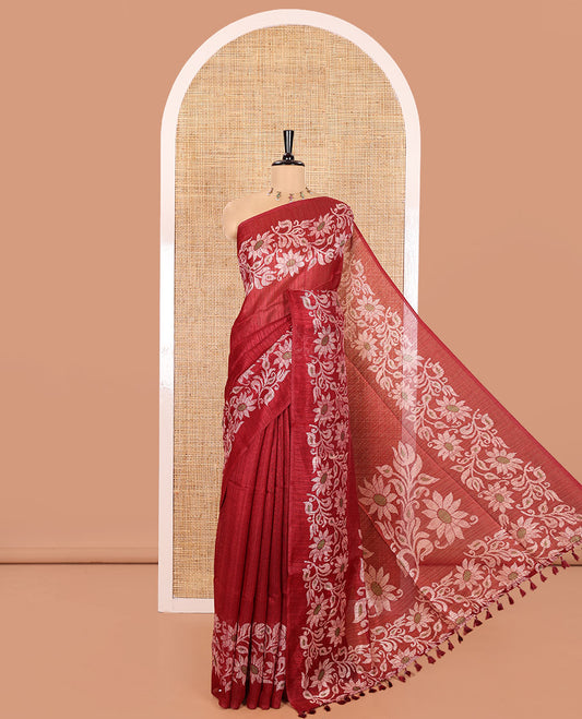 Maroon Plain Green-Silk Linen Cotton Saree, Highlighted by Jamdani-Style Floral Vine Printed Border, Pallu of Jamdani Floral Print, and Paired with a Matching Printed Blouse