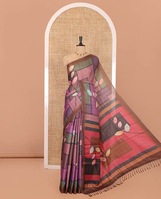 Multi-Color Tissue Saree, Decked Up with Geometric Patterns and Leaf Motifs Printed on Its Body, Complemented by a Contrast Plain Border, Pallu of the Same Print, and Paired with a Contrast Blouse