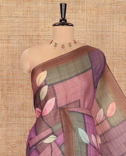Multi-Color Tissue Saree, Decked Up with Geometric Patterns and Leaf Motifs Printed on Its Body, Complemented by a Contrast Plain Border, Pallu of the Same Print, and Paired with a Contrast Blouse