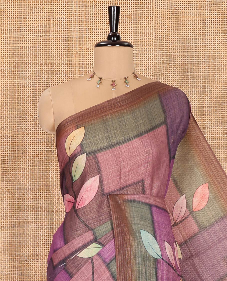 Multi-Color Tissue Saree, Decked Up with Geometric Patterns and Leaf Motifs Printed on Its Body, Complemented by a Contrast Plain Border, Pallu of the Same Print, and Paired with a Contrast Blouse