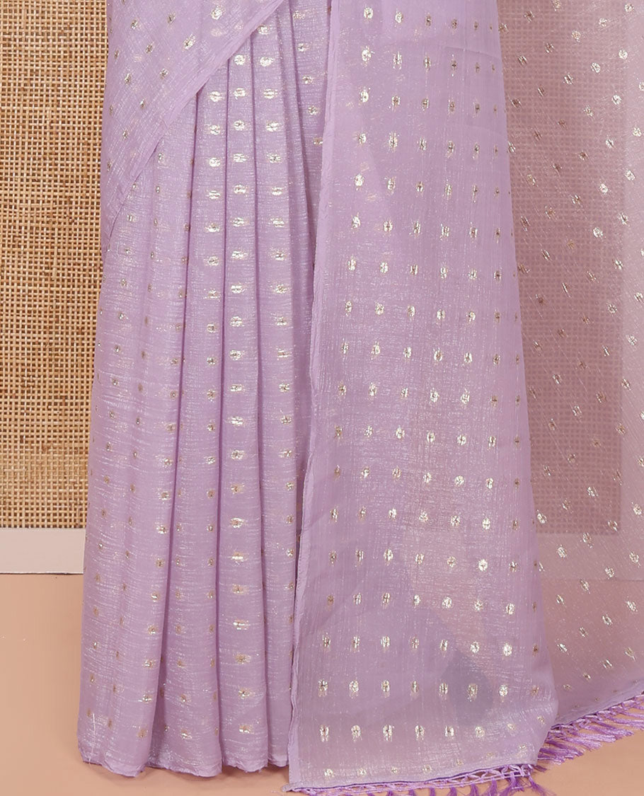 Borderless Lavender Shimmer Saree, Adorned with Zari Buttas All Over Its Body, Pallu Mirrors the Same Buttas, and Comes Without a Blouse