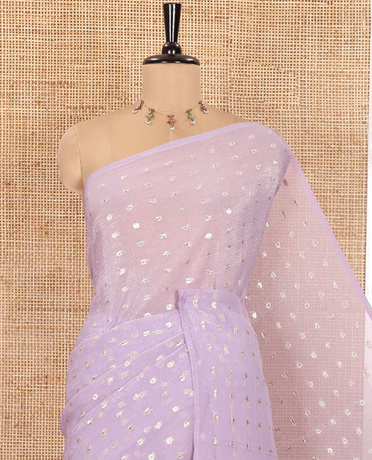 Borderless Lavender Shimmer Saree, Adorned with Zari Buttas All Over Its Body, Pallu Mirrors the Same Buttas, and Comes Without a Blouse