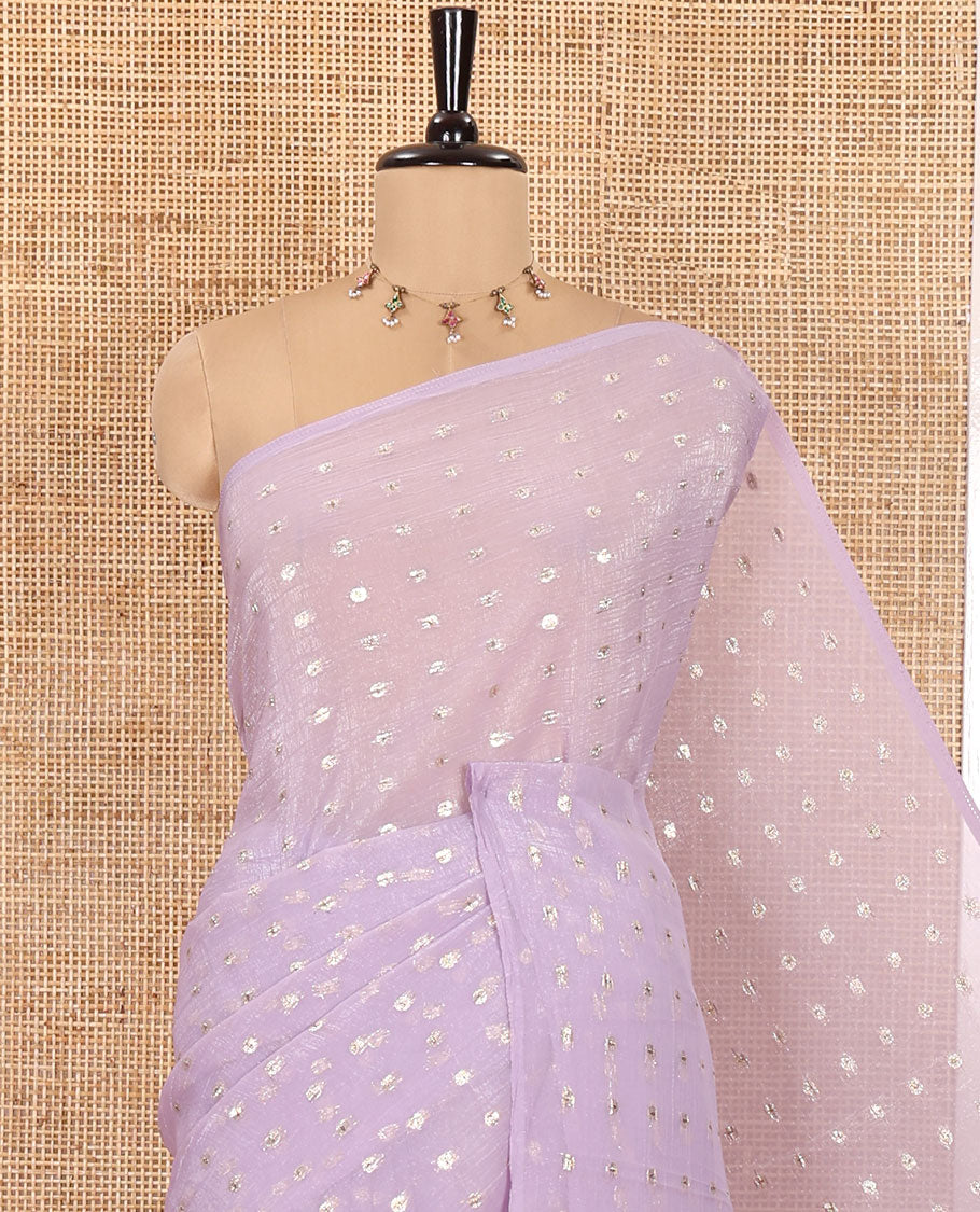 Borderless Lavender Shimmer Saree, Adorned with Zari Buttas All Over Its Body, Pallu Mirrors the Same Buttas, and Comes Without a Blouse
