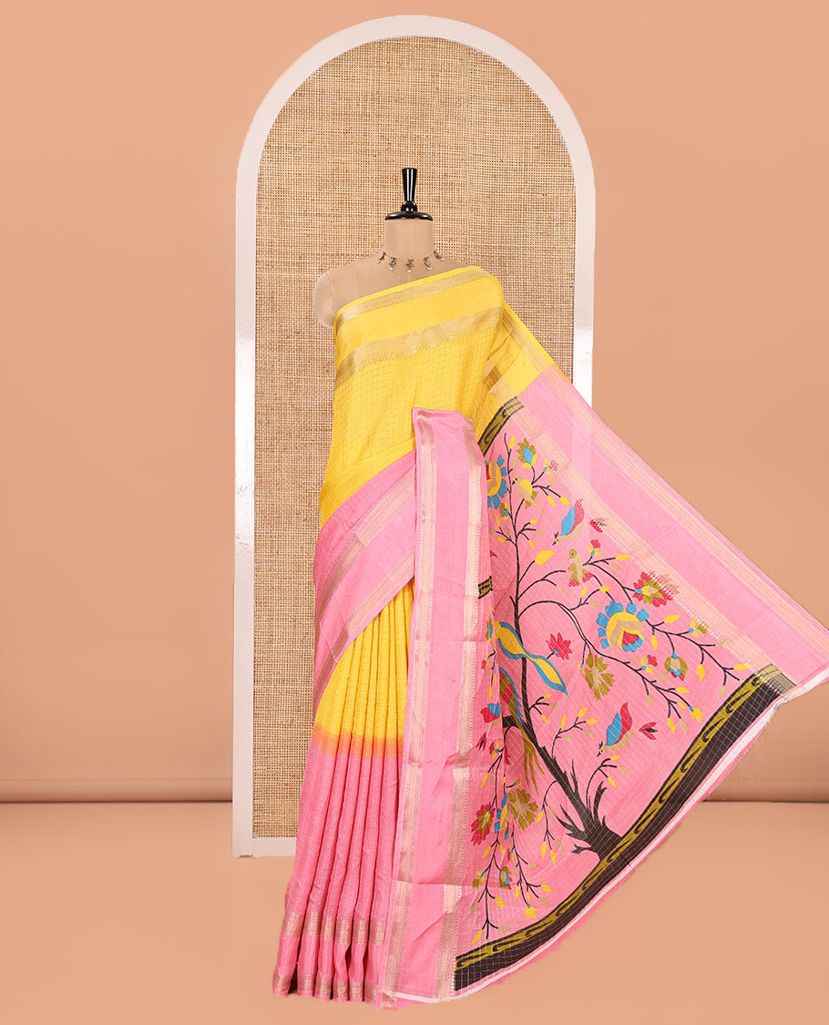 Yellow and Pink Moss Chiffon Saree, Decked up with Zari Micro-Checked Design on Its Body, Complemented by Zari Traditional Design Rettai Pettu Border, Pallu Features Tree and Bird Designs, and Paired with a Contrast Blouse