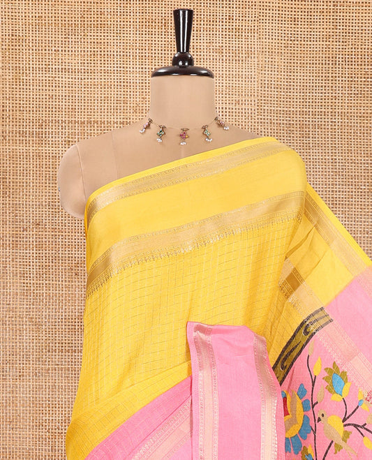 Yellow and Pink Moss Chiffon Saree, Decked up with Zari Micro-Checked Design on Its Body, Complemented by Zari Traditional Design Rettai Pettu Border, Pallu Features Tree and Bird Designs, and Paired with a Contrast Blouse
