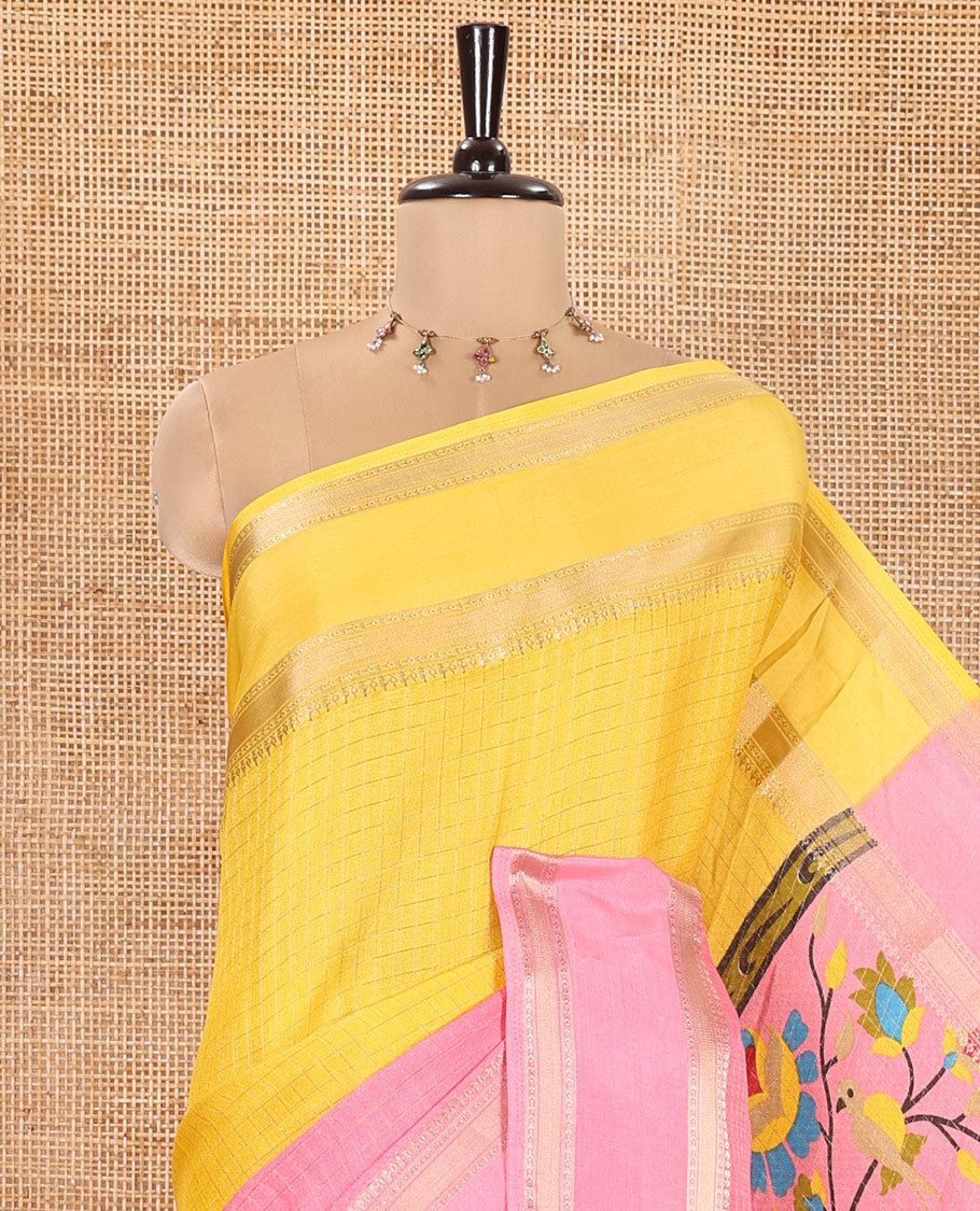 Yellow and Pink Moss Chiffon Saree, Decked up with Zari Micro-Checked Design on Its Body, Complemented by Zari Traditional Design Rettai Pettu Border, Pallu Features Tree and Bird Designs, and Paired with a Contrast Blouse