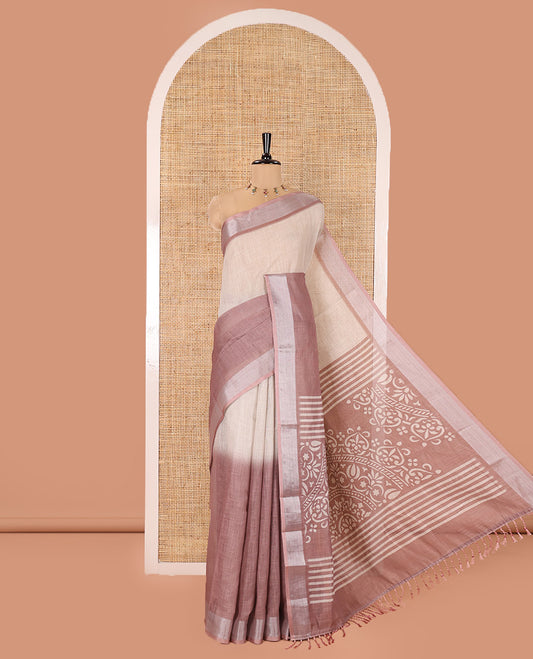 Cream and Brown Plain Linen Cotton Saree, Subtly Ombre-Style Dual-Color Dye on Its Body, Subtle Bavanji Zari Border, Pallu Features Rangoli-Style Patterns Print, and Paired with a Polka Dots Printed Blouse