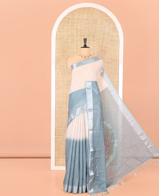 Green Linen Cotton Saree, Accentuated with Ombre-Style Double-Color Print, Highlighted by Contrast Zari Bavanji Border, Pallu Pictures Bandhani Design, and Paired with a Contrast Bandhani Blouse
