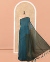 Borderless Peacock Blue and Green Plain Khadi Mul Cotton Saree, Highlighted by Captivating Contrast Colored Pallu, and Paired with a Contrast Blouse