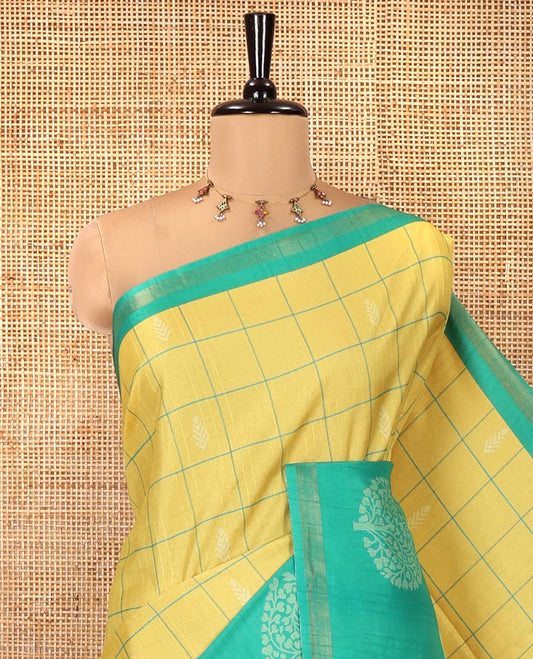 Yellow Katan Silk Saree, Embellished with Butta Enclosed Checks on Its Body, Complemented by a Contrast Border of Tree Motifs, Jaal Pallu, and Paired with a Contrast Blouse