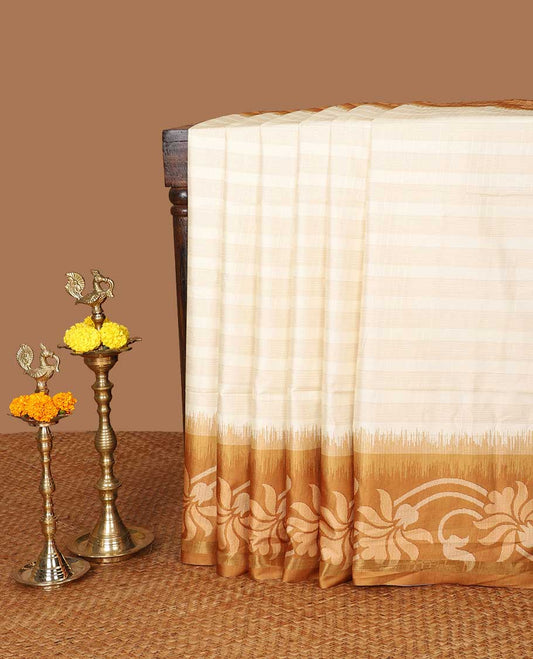 Cream with Mustard cross striped kathan silk saree with floral digital printed border & floral printed pallu along with printed blouse