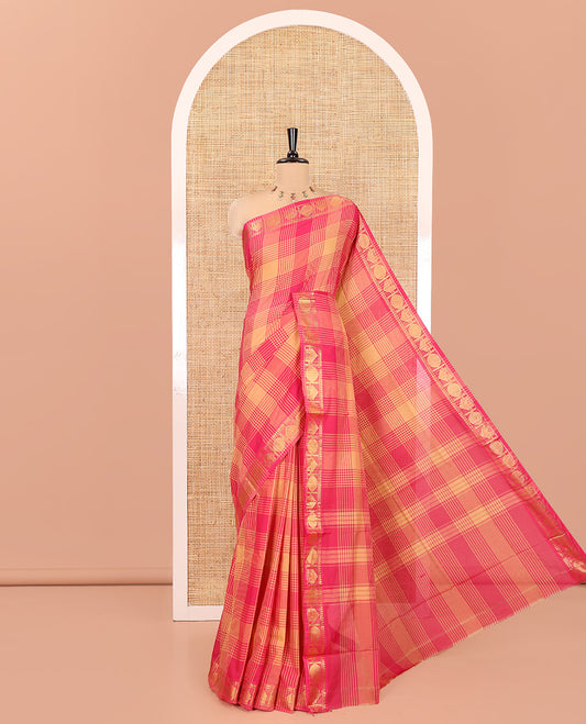 Pink-Sandal Chettinad Cotton Saree, Accentuated with Checks, Zari Border of House Motifs, and Matching Blouse