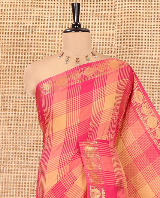 Pink-Sandal Chettinad Cotton Saree, Accentuated with Checks, Zari Border of House Motifs, and Matching Blouse