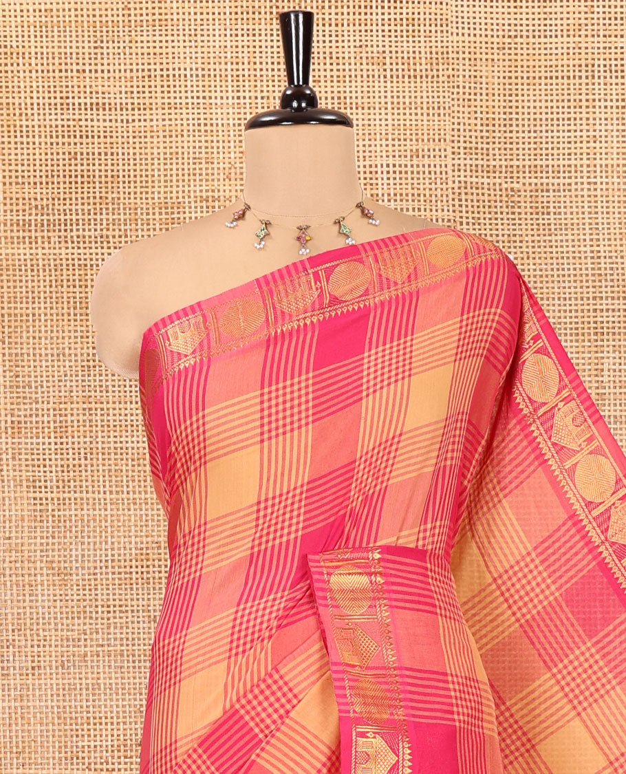 Pink-Sandal Chettinad Cotton Saree, Accentuated with Checks, Zari Border of House Motifs, and Matching Blouse