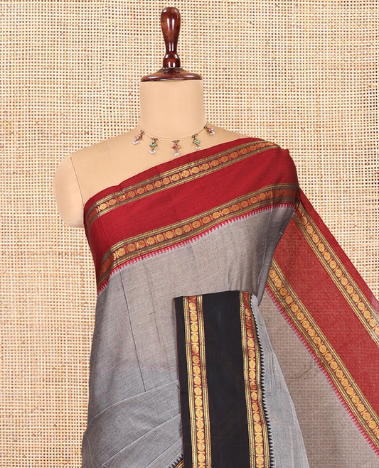 Grey Plain Mercerised Cotton Saree, Contrast Ganga-Jamuna Temple Rudraksha Border, Striped Pallu, and a Matching Blouse