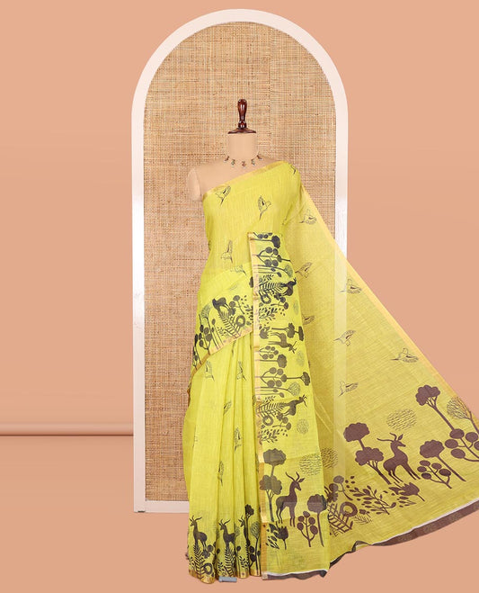 Lemon Yellow Linen Cotton Saree, Accentuated with Flora-Fauna Print, a Piping Border, Printed Pallu and a Contrast Blouse