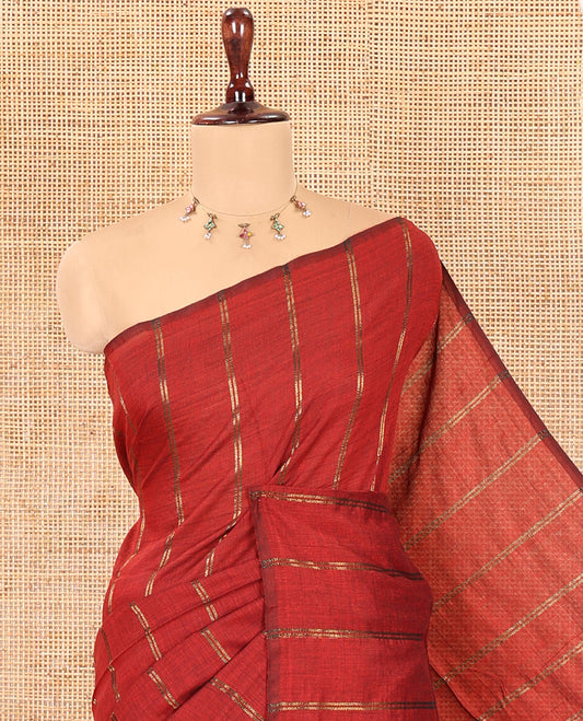 Borderless Maroon Khadi Cotton Saree Features Double Stripes, a Self-Pallu of Tassels, and a Matching Blouse