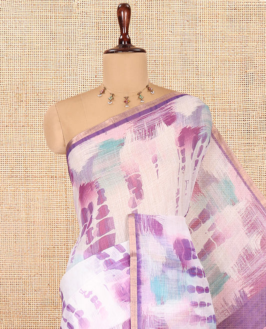 White-Violet Linen Cotton Saree, Decked Up with Shibori Print, a Piping Border, Shibori-Printed Pallu, and a Contrast Blouse