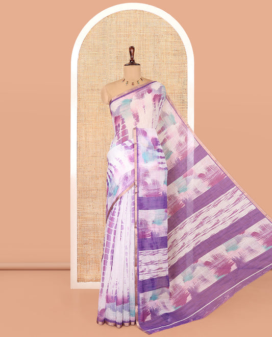 White-Violet Linen Cotton Saree, Decked Up with Shibori Print, a Piping Border, Shibori-Printed Pallu, and a Contrast Blouse