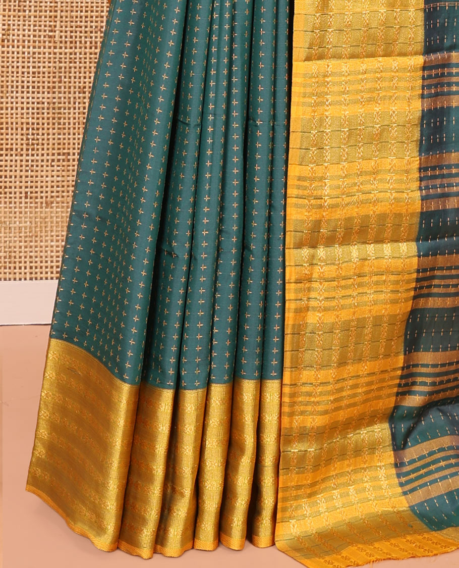 Green-Yellow Semi-Soft Silk Saree, Adorned with Plus-Shaped Buttas, Complemented by a Contrast Border, Striped Pallu, and a Contrast Blouse